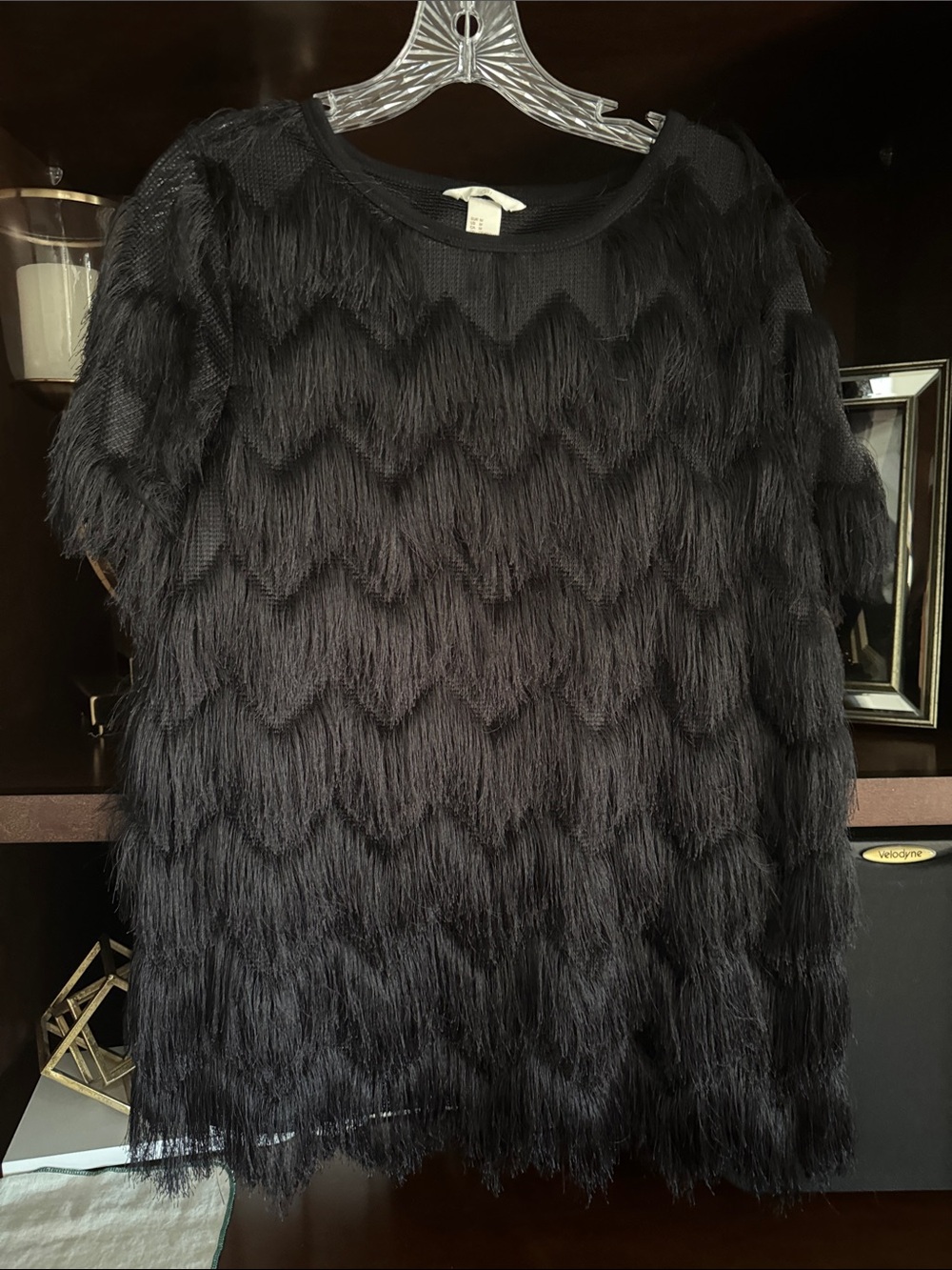 Zara Black Chevron Fringe Short Sleeve Top